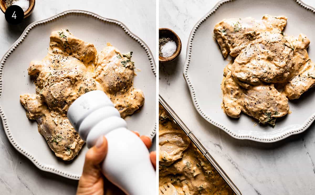 person adding salt and pepper to marinated chicken thighs in yogurt